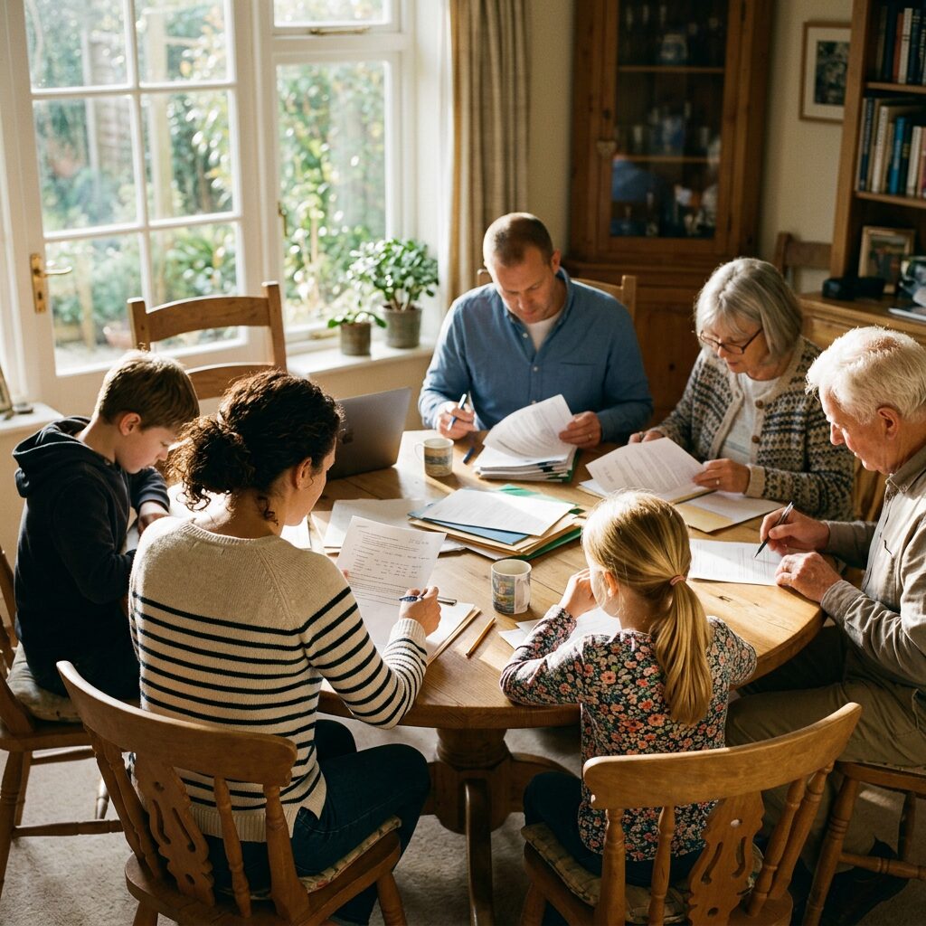 Six family members of different ages seated around a wooden table working on paperwork