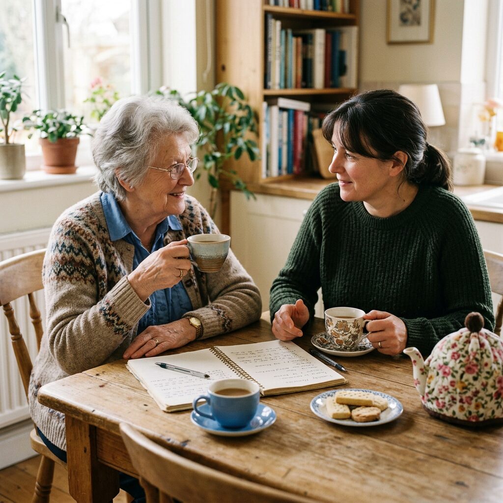 Two women sitting at a table drinking tea and talking, with notebook and cookies on the table