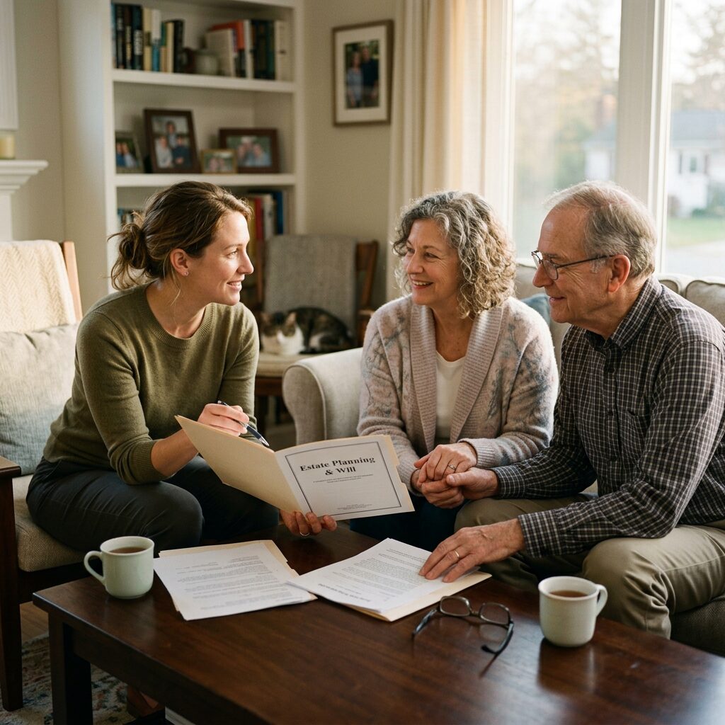 Professional advisor reviewing estate planning and will documents with an elderly couple in a living room